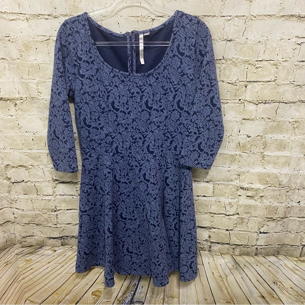 LC Lauren Conrad Blue Floral Paisley Skater Dress 3/4 Sleeve Stretch